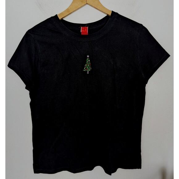 Vintage Y2K Rhinestone Christmas Tree Tee Women's size large L Black Green - Picture 1 of 2